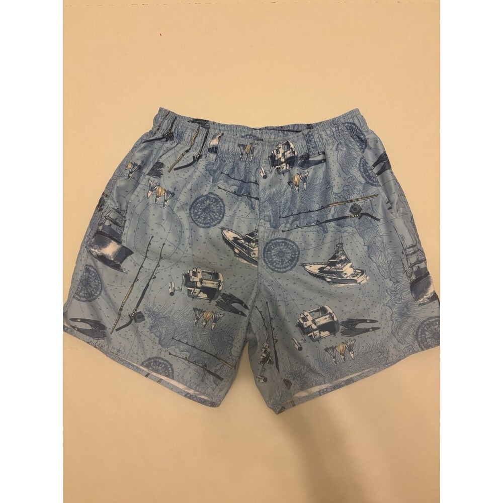 AFTCO Men's Blue Nautical Fish Swim Trunks w/Mesh Liner Pockets Elastic M